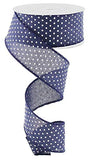 1.5X10yd Raised White Swiss Dots On Navy Blue Royal Wired Ribbon