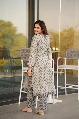 Anni Designer Women'S Cotton Blend Straight Printed Kurta With Pant (Hilari Grey_S_Grey_Small),Grey,S,Cotton Blend,Straight,