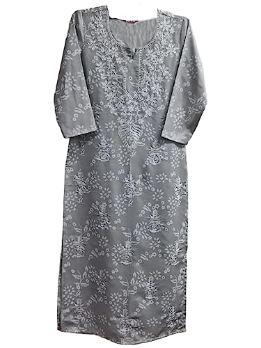 Gosriki Women'S Cotton Blend Straight Chikankari Embroidered Kurta (Sutlej-Grey-Nw-Gs_Xxl_Grey_Xx-Large),Grey,2,B0CBPQXS14