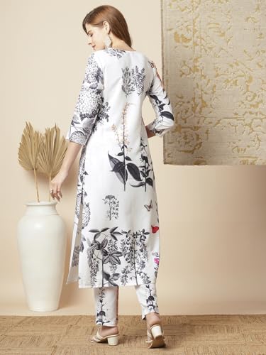 Anni Designer Women'S Rayon Blend Straight Printed Kurta With Pant (Satyapra White_S_White_Small),White,S,Rayon Blend,Regular,Kurta