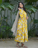 Anni Designer Women'S Rayon Blend Anarkali Printed Kurta With Pant & Dupatta (Purimor Yellow_L_Yellow_Large),Yellow,L,Rayon Blend,Anarkali,