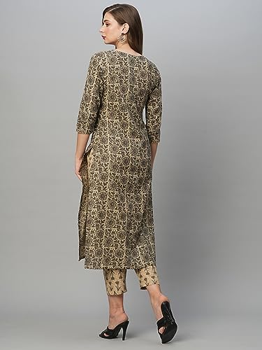 Anni Designer Women'S Cotton Blend Straight Printed Kurta With Pant Set (Bhati-Beige_Xl_Beige_X-Large),Beige,XL,Cotton Blend,Regular,