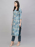 Anni Designer Women'S Cotton Blend Straight Printed Kurta With Pant (Seep Blue-Nw_S_Blue_Small),Blue,S,Cotton Blend,Straight,Kurta