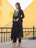 Anni Designer Women'S Rayon Blend Embroidered Straight Kurta With Pant & Dupatta (Kasturi Black_L_Black_Large),Black,L,Rayon Blend,Classic,Kurta, Scarf