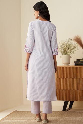Anni Designer Women'S Cotton Blend Embroidered Straight Kurta With Pant & Dupatta (Farigup-Purple-Nw_S_Purple_Small),Purple,S,Cotton Blend,Regular,