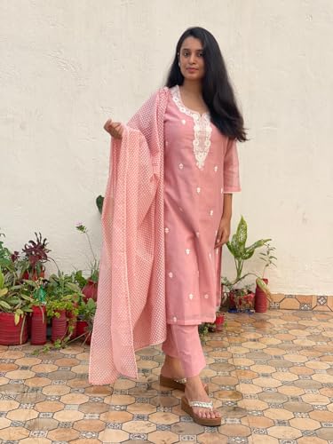 Anni Designer Women'S Cotton Blend Straight Embroidered Kurta With Pant & Dupatta (Yearend Pink_M_Pink_Medium),Pink,M,Cotton Blend,Regular,