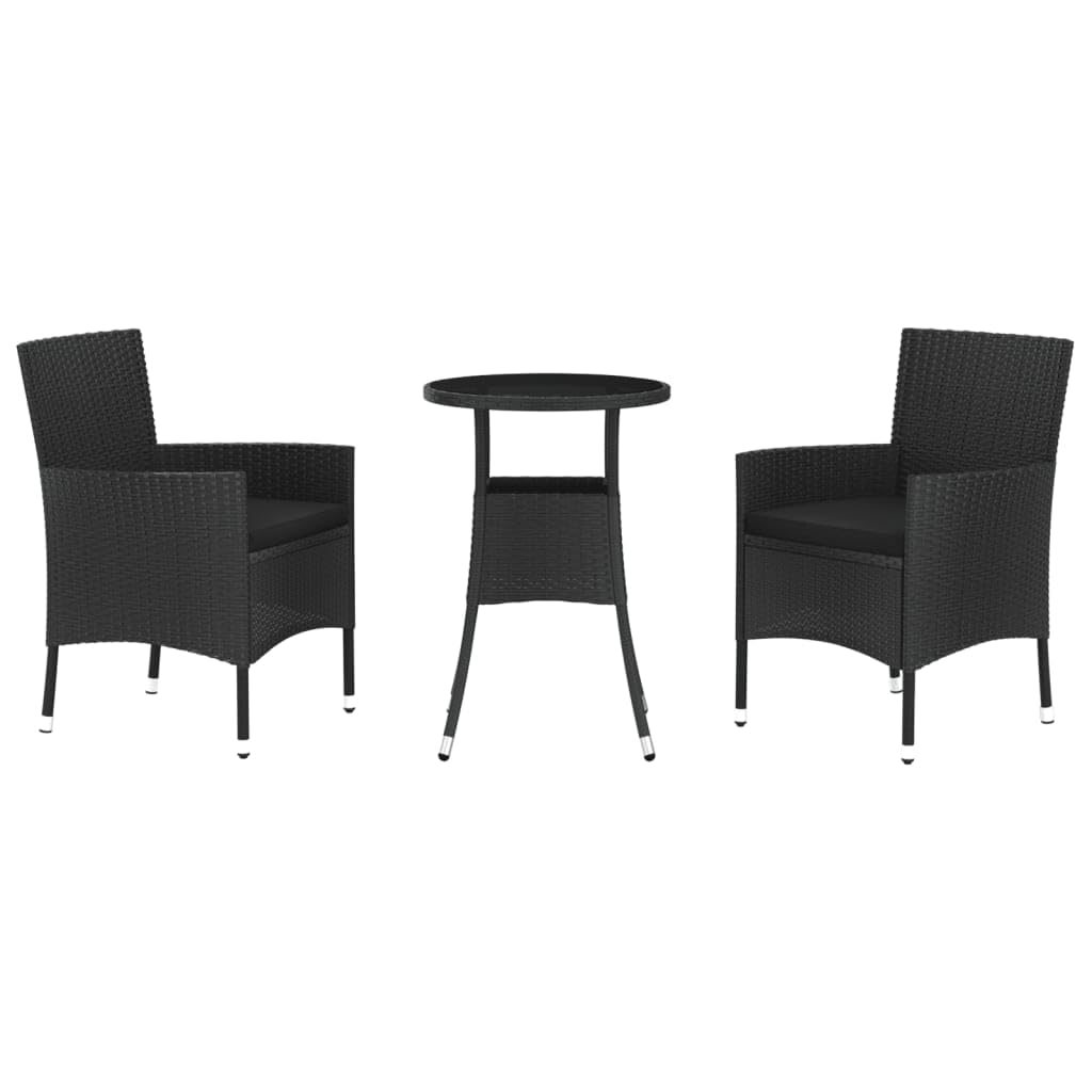 Vidaxl 3 Piece Patio Bistro Set - Black Poly Rattan Outdoor Furniture With Cushions, Powder-Coated Steel Frame, Sturdy Tabletop & Comfortable Design For Patio, Garden & Deck