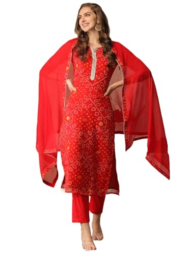 Anni Designer Women'S Cotton Blend Bandhani Printed Straight Kurta With Pant & Dupatta (Turae-Red-Nw_S_Red_Small),Red,S