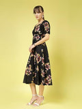 Oomph! Women'S Western & Fusion Wear Printed Crepe Dress For Women Puffed Sleeve Black - Md988,Jet BlackApparel,M