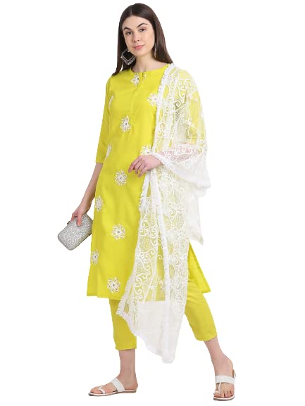 Anni Designer Women'S Ruby Cotton Straight Embroidery Kurti With Pant & Dupatta Set (White-Show Clear_Xl Clear_X-Large),Clear,XL