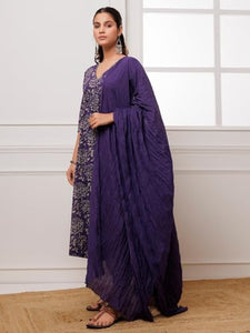 Anni Designer Women'S Cotton Blend Anarkali Printed Kurta With Pant & Dupatta (Dabu Violet_Xxl_Violet_Xx-Large),Violet,2XL,Cotton Blend,DABU VIOLET_008,