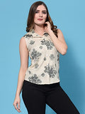 Oomph! Women'S Viscose Rayon Printed Shirt With Collared Neck And Sleeveless,Beige 3Apparel,M