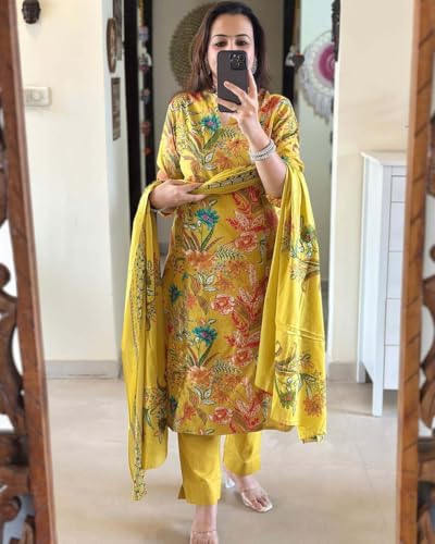 Anni Designer Women'S Rayon Blend Printed Straight Kurta With Pant & Dupatta (Pubani Mustard_L_Mustard_Large),Mustard,L,Rayon Blend,Regular,