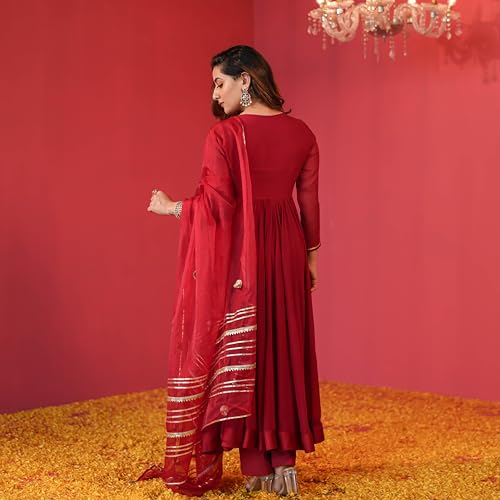 Anni Designer Women'S Rayon Blend Anarkali Solid Kurta With Pant & Dupatta (Jaynti Red_M_Red_Medium),Red,M,Rayon Blend,Anarkali,