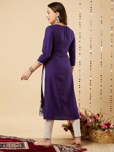 Anni Designer Women'S Cotton Blend Chikankari Embroidered Straight Kurta (Chndru Violet_M_Violet_Medium),Violet,M,Cotton Blend,Regular,