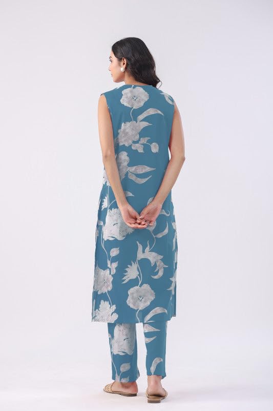 Anni Designer Women'S Rayon Viscose Straight Printed Kurta With Pant (Teras Sky Blue_L_Sky Blue_Large),Sky Blue,L,Rayon,Casual,