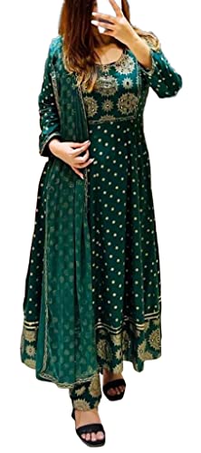 Anni Designer Women'S Cotton Blend Printed Anarkali Kurta With Pant & Dupatta (Shop-Green_Xl_Green_X-Large),Green,XL