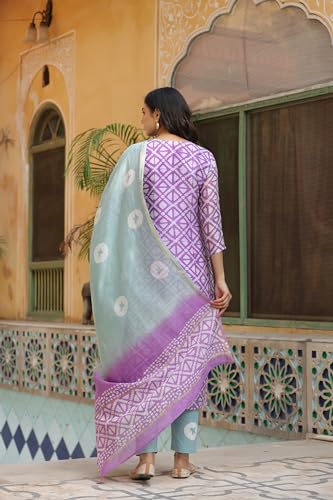 Anni Designer Women'S Cotton Blend Straight Printed Kurta With Pant & Dupatta (Gupta Purple_S_Purple_Small),Purple,S,Cotton Blend,Regular,