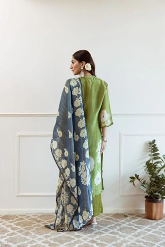 Anni Designer Women'S Rayon Viscose Printed Straight Kurta With Pant & Dupatta (Panuja Green_S_Green_Small),Green,S,Rayon Viscose,Regular,