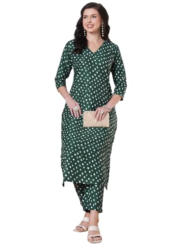 Anni Designer Women'S Rayon Viscose Straight Bandhani Printed Kurta With Pant (Prantika Green-Vks01_M_Green_Medium),Green,M