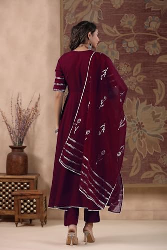 Gosriki Women'S Rayon Blend Anarkali Solid Kurta With Pant & Dupatta (Nirmooha Wine-Vks01-Gs_L_Wine_Large),Wine,,B0DG31131G