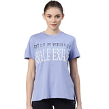 Enamor Athleisure Relaxed Fit Short Sleeve Round Neck Antimicrobial Finish Breathable Stretch Cotton Activewear Sports Tshirt for Women - A301 (A301_Purple Slate/Inhale Exhale Graphic_M),Purple Slate /Inhale