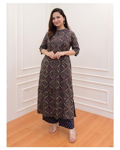 Anni Designer Women'S Cotton Blend Straight Printed Kurta With Palazzo (Abp Blue-Nw_L_Blue_Large),Blue,L,Cotton Blend,ANNI DESIGNER Women's Cotton Blend Straight Printed Kurta with Pant (ABP Blue-NW),
