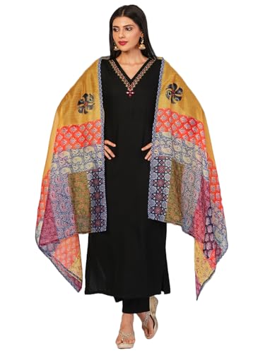 Anni Designer Women'S Cotton Blend Embroidered Straight Kurta With Pant & Dupatta (Fronx Black-Nw_Xxl_Black_Xx-Large),Black,2XL