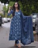 Anni Designer Women'S Rayon Blend Anarkali Printed Kurta With Pant & Dupatta (Tithi Blue_Xxl_Blue_Xx-Large),Blue,2XL,Rayon Blend,Anarkali,Kurta, Scarf