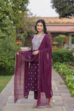 Gosriki Women'S Cotton Blend Straight Printed Kurta With Pant & Dupatta (Sawre Wine-Gs_M_Wine_Medium),Wine,,B0CQPG939Q