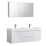 Fresca Valencia 60 Inch Glossy White Wall Hung Double Sink Modern Wood Bathroom Vanity And Medicine Cabinet - Faucet Sold Separa