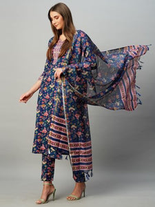 Gosriki Women'S Cotton Blend Straight Printed Kurta With Pant & Dupatta (Jdp Blue-Kbv-Gs_S_Blue_Small),Blue,,B0CNLZS2LF