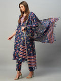 Anni Designer Women'S Cotton Blend Straight Printed Kurta With Pant & Dupatta (Jdp Blue-Kbv_M_Blue_Medium),Blue,M,Cotton Blend,Regular,Kurta, Scarf