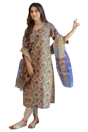 Gosriki Women'S Rayon Blend Straight Printed Kurta With Pant & Dupatta (Sense Beige-Gs_L_Beige_Large),Beige,,B0DBM1W1HJ