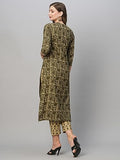 Anni Designer Women'S Cotton Blend Straight Printed Kurta With Pant Set (Bhati-Mehandi_S_Green_Small),Green,S,Cotton Blend,Regular,
