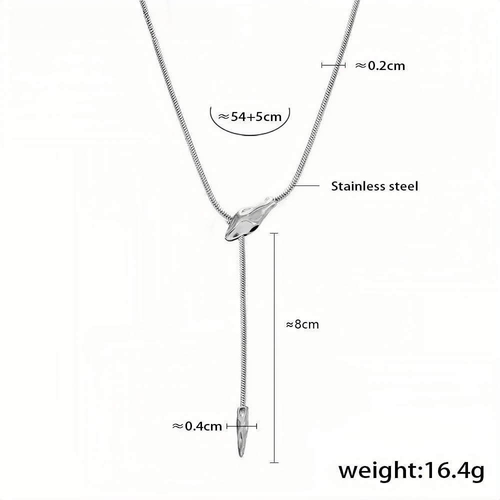 Silver Snake Chain Necklace for Women Stainless Steel Lariat Pendant Adjustable Drop Necklace (54cm+5cm) Sleek Animal-Inspire