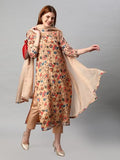 Anni Designer Women'S Rayon Floral Printed Straight Kurta With Pants & Dupatta (Madhubani Beige-Sm_S_Beige_Small),Beige,S,,,