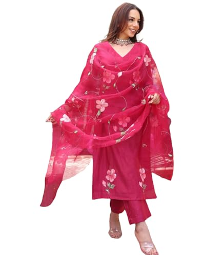 Anni Designer Women'S Rayon Blend Straight Printed Kurta With Pant & Dupatta (Roka Rani_5Xl_Pink_Xxxxx-Large),Pink,5XL
