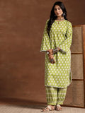 Libas Womens Printed Cotton Straight Kurta With Salwar Green Xl