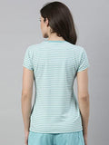 Enamor Essentials Women's Relaxed Fit Short Sleeves Crew Neck Slim Fit Breathable Stretch Regular Length Cotton Tee - EA47(EA47-Bali Green Str -M),Bali Green Stripes