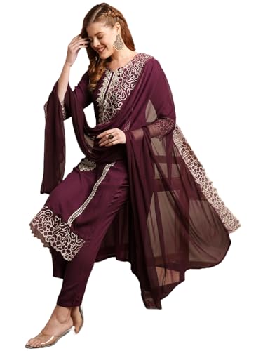 Anni Designer Women'S Rayon Blend Straight Embroidered Kurta With Pant & Dupatta (Trp Wine-Vks01_Xl_Wine_X-Large),Wine,XL