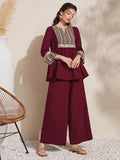 Tadkee Women'S Geometric Printed Sequin Decorated Woven Fringe Two Piece Set | 3/4 Sleeve Co-Ord Set (Fn-Pop-Printed-Nack-Set-123-Maroon-L)