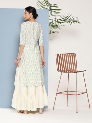 Anni Designer Women'S Cotton Blend Printed Straight Kurta (Chameli_Green_Small),Green,S,Cotton Blend,ANNI DESIGNER Women's Cotton Blend Straight Yoke Design Printed Kurta (Chameli),