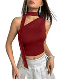 Tivante Women Polyester Blend Fitted Solid One Shoulder Tube Crop Top With Scarf || Y2K Summer Top (In, Alpha, S, Maroon)