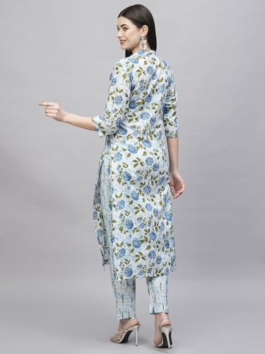 Anni Designer Women'S Cotton Blend Straight Printed Kurta With Pant (Dafiya Blue_S_Blue_Small),Blue,S,Cotton Blend,Dafiya_1426,Kurta