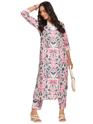 Anni Designer Women'S Rayon Viscose Straight Printed Kurta With Pant (Dodero Green_Xl_Green_X-Large),Green,XL