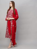 Anni Designer Women'S Cotton Blend Straight Printed Kurta With Pant & Dupatta (Mei Red_Xl_Red_X-Large),Red,XL,Cotton Blend,Regular,Kurta, Scarf