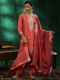 Libas Womens Woven Design Silk Blend Straight Kurta With Trousers And Dupatta Peach Xl