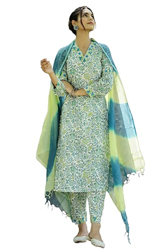 Anni Designer Women'S Rayon Blend Printed Straight Kurta With Pant & Dupatta (Sthula Multi_Xxl_Green_Xx-Large),Green,2XL