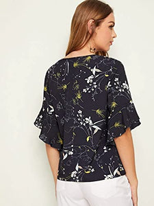 Toplot Printed Bell Sleeve Wrap & Swing V Neck Top For Women(T-V-Neck-Top-5009-Black-S),Black,,B0B39F5MK7